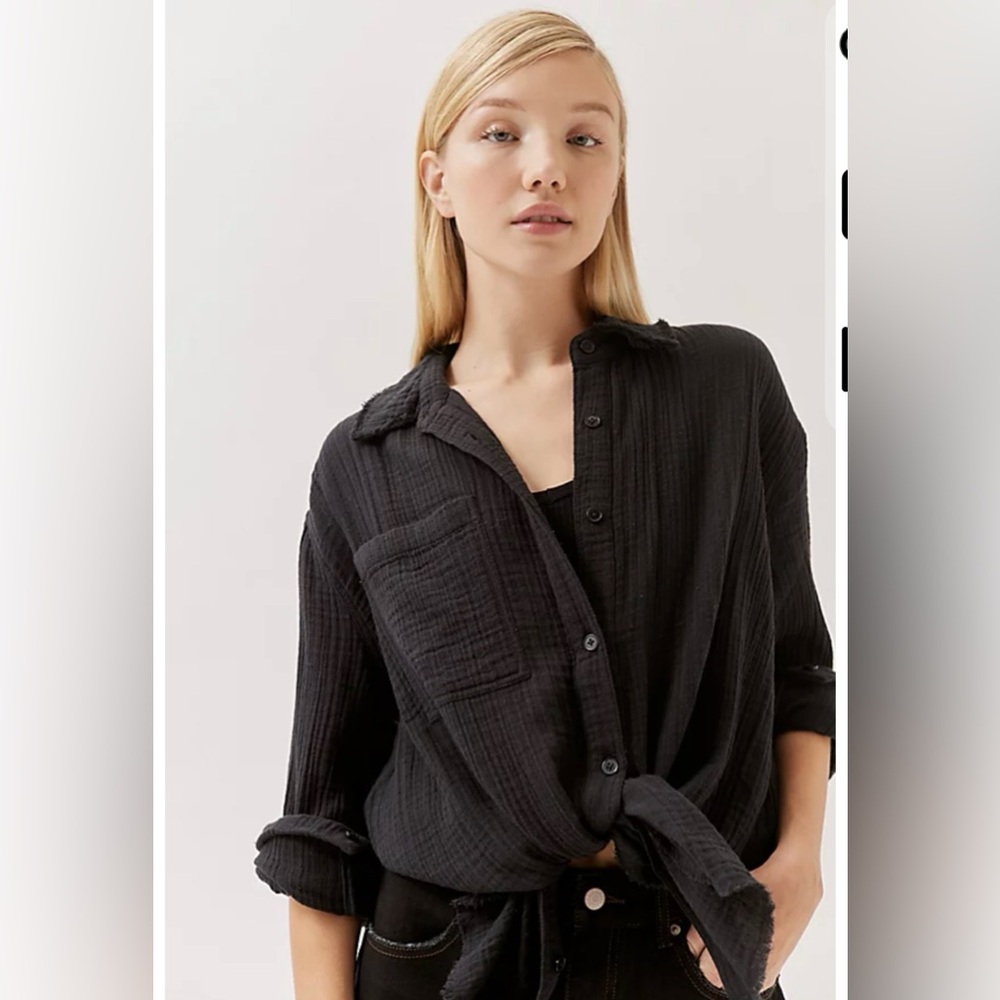 Urban Outfitters Lucy Gauze Oversized Button Down Shirt Black Frayed Hem Small